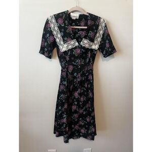 VTG 90s Dress Carolina Colours Floral Lace Cottagecore Modest Church Midi Sz 2 3